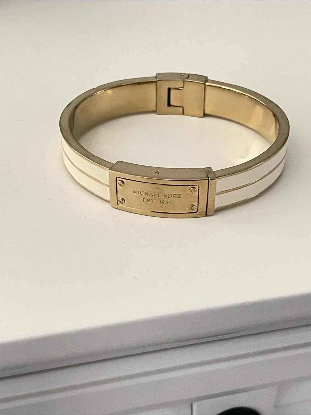 Michael Kors Gold and White Enamel Hinged Bangle